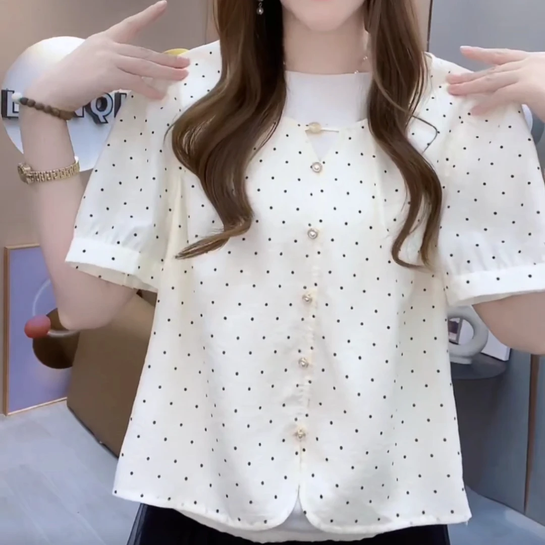 夏季新款2025法式圆领透气薄款短袖衬衫显瘦宽松上衣气质女士短袖