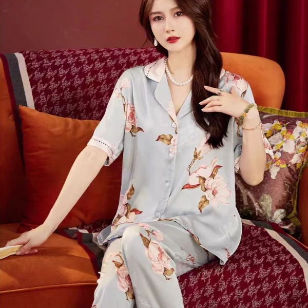 达芬奇密码国风印花薄睡衣女士送礼四季可外穿家居服礼盒套装蓝花