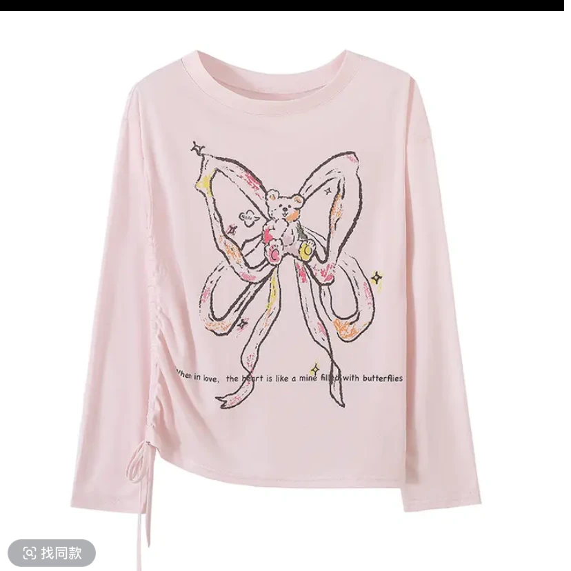 蝴蝶小熊印花大圆领口薄款微透防晒长袖罩衫斜肩女上衣