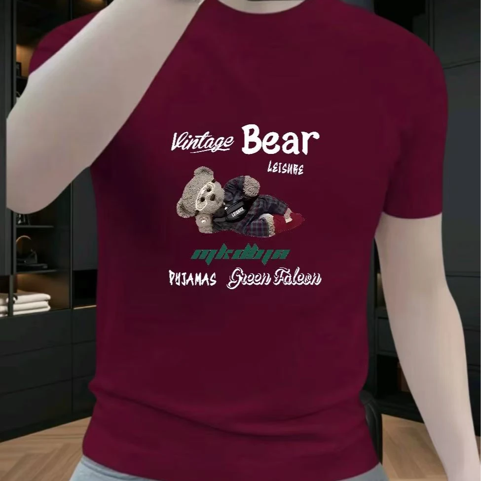 潮牌新款时尚帅气小熊印花短袖男士白色t恤衫男生青年半袖