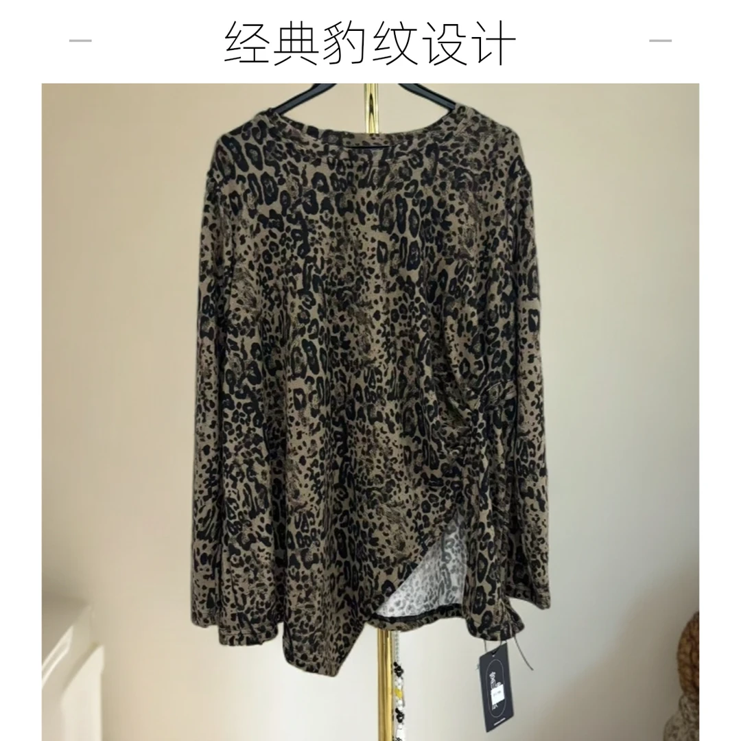 -175A-洋气时尚潮牌复古豹纹长袖大码体恤女春季宽松不规则下摆