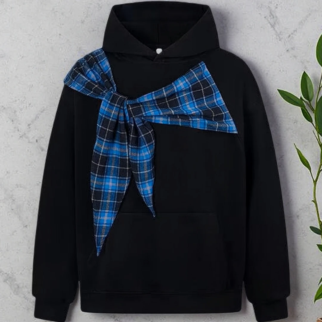 美式复古蝴蝶结格子绑带连帽卫衣秋季男女情侣装宽松黑色上衣