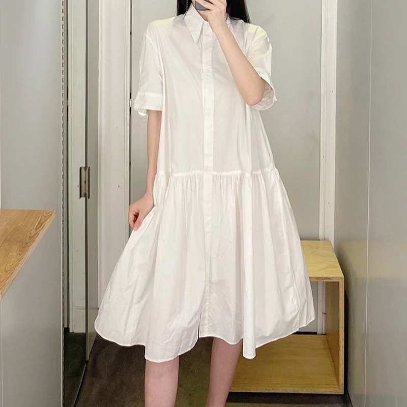 宝丫轻奢  T女式文艺简约宽松翻领廓形褶皱短袖连衣裙K2567
