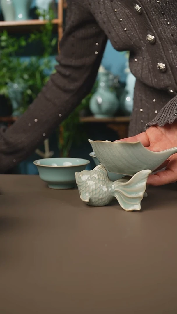 仿古天青小鱼茶漏