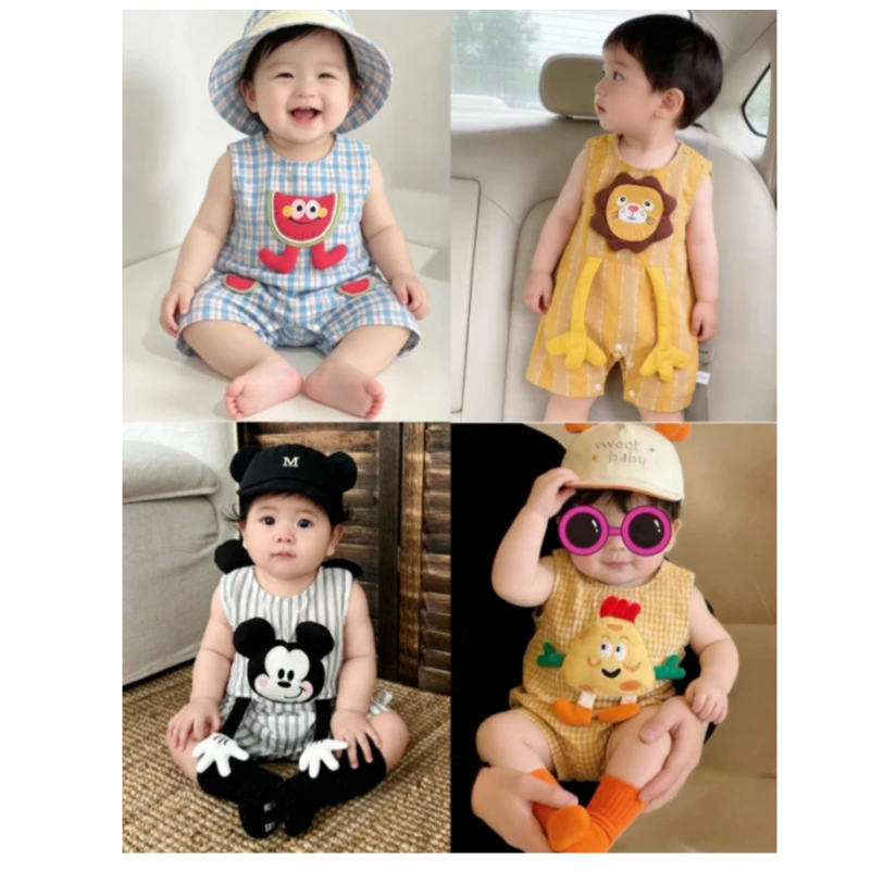 夏季西瓜+米奇+芝士小萌怪+长臂狮子婴幼儿薄款无袖男女宝宝哈衣
