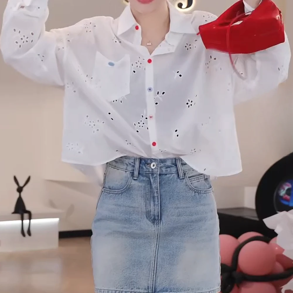 法式镂空钩花白色防晒衬衫女夏春秋设计感宽松休闲长袖上衣