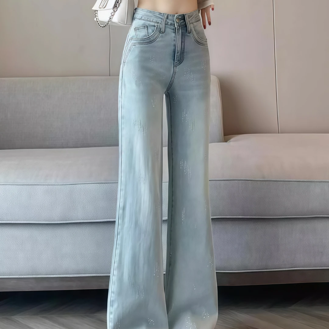 烫钻微喇牛仔裤女2025年高级感水钻小个子辣妹重工马蹄喇叭裤