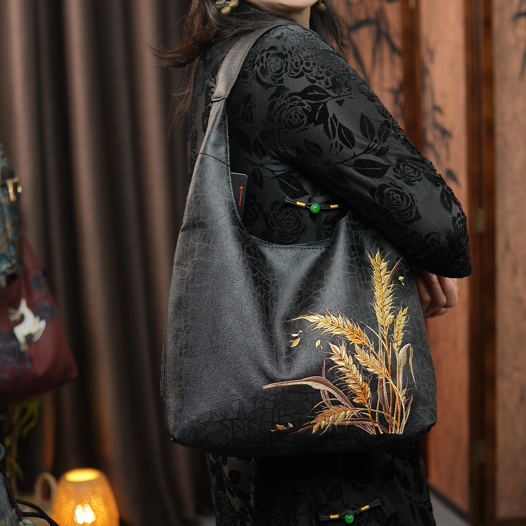 麦穗包通勤中式大容量休闲女士单肩刺绣女包