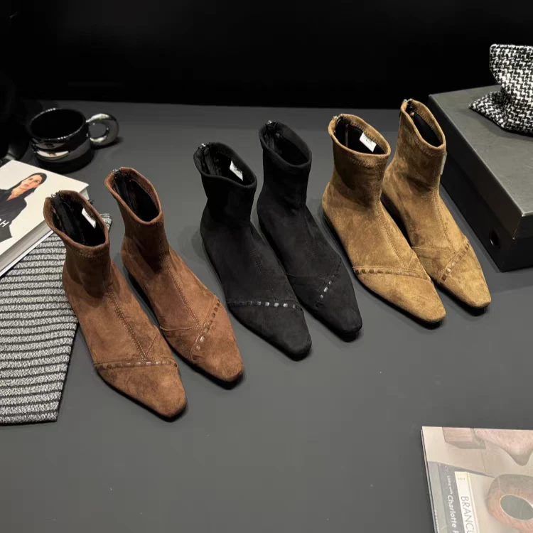 尖头复古冬季百搭轻职风方头小裸靴短靴内增高女靴