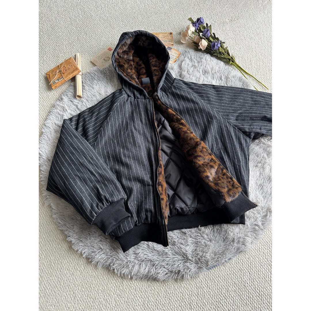 冬季加绒竖条豹纹内里拼接撞色连帽棉服男女冬季座山雕外套