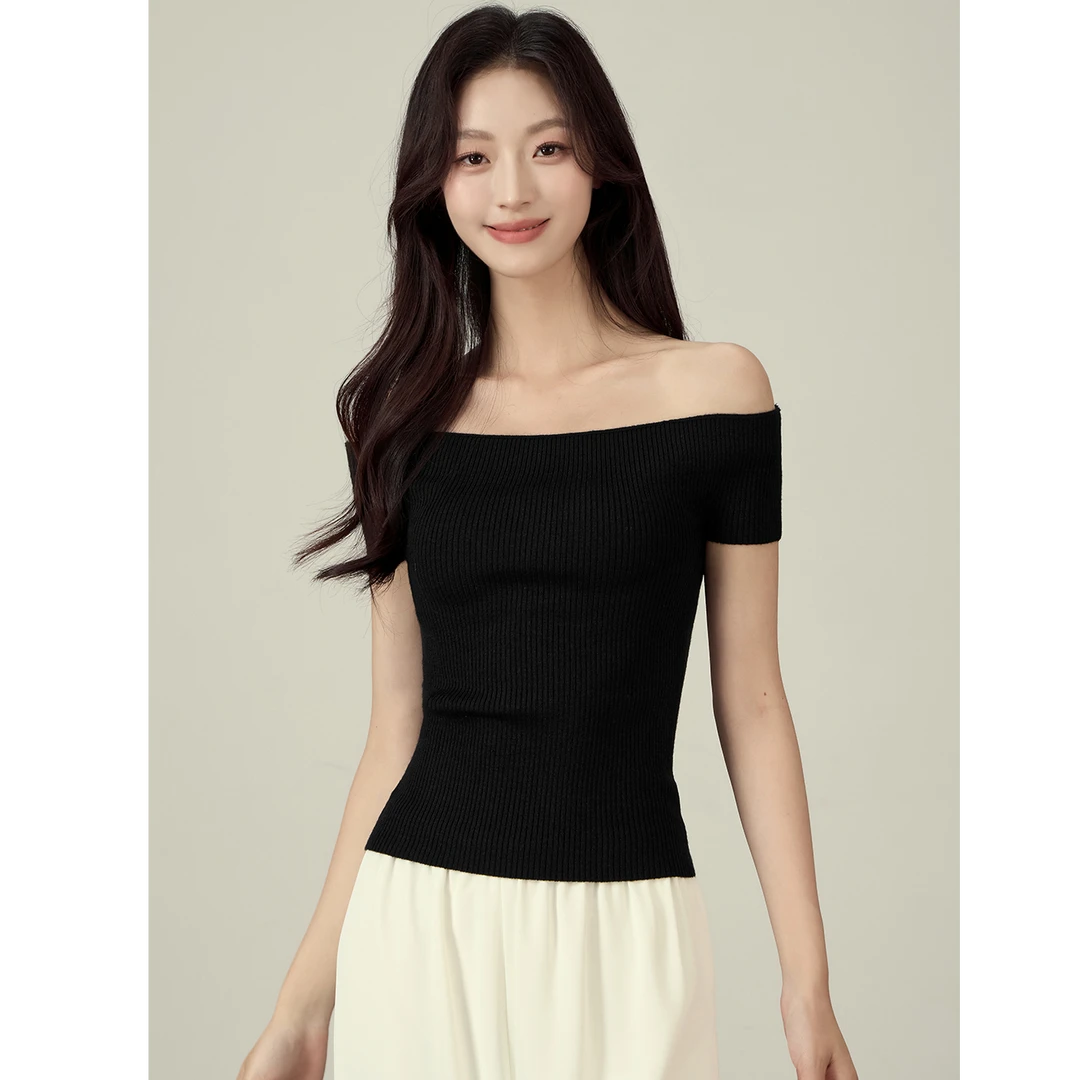 【李李】小个子冰丝夏日短袖T恤女2025新款纯色修身气质上衣一字肩