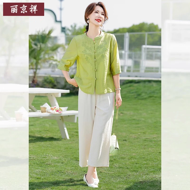 母亲节妈妈夏装新中式套装中老年女装绣花上衣2025新款两件套薄