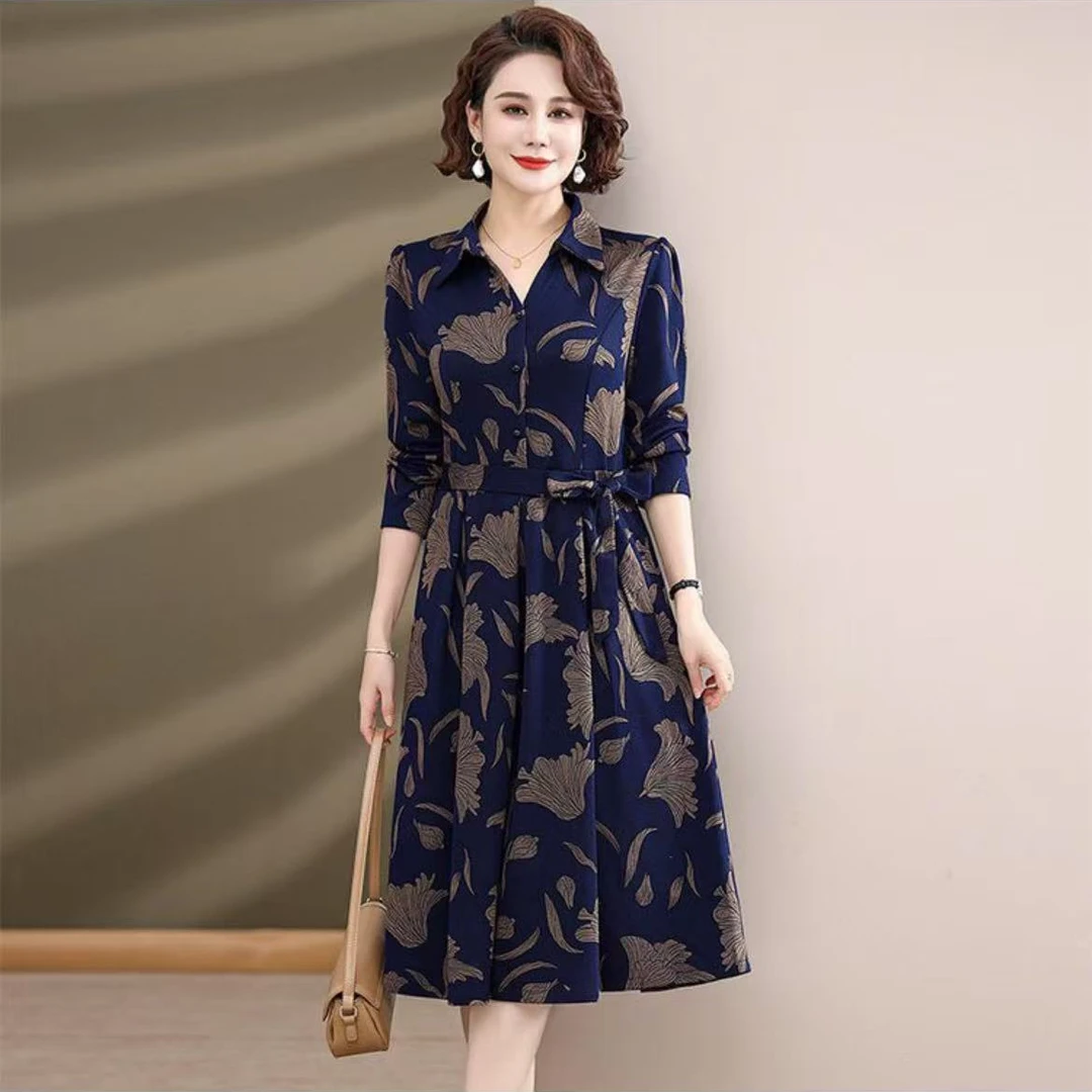 中年妈妈秋装连衣裙洋气质长袖2025新款中老年女春秋季中长款裙子