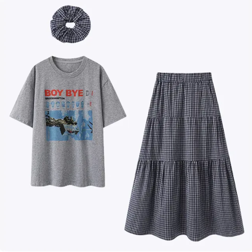 K3023 设计感圆领印花宽松短袖T恤高腰格子裙套装 L163-2506052