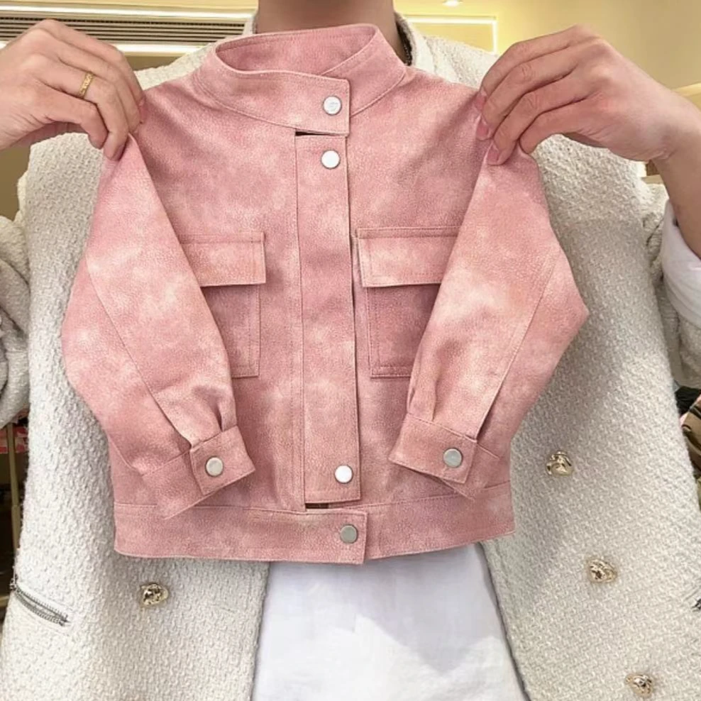 Y-N554【阿楠家甄选】儿童春季新款粉色皮衣夹克短款