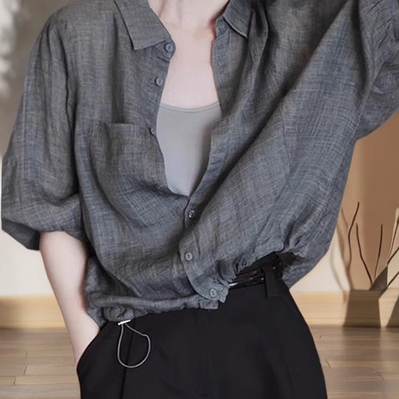 灰色显瘦气质衬衣翻领防晒衬衫女夏季薄款简约时尚高级感通勤休闲