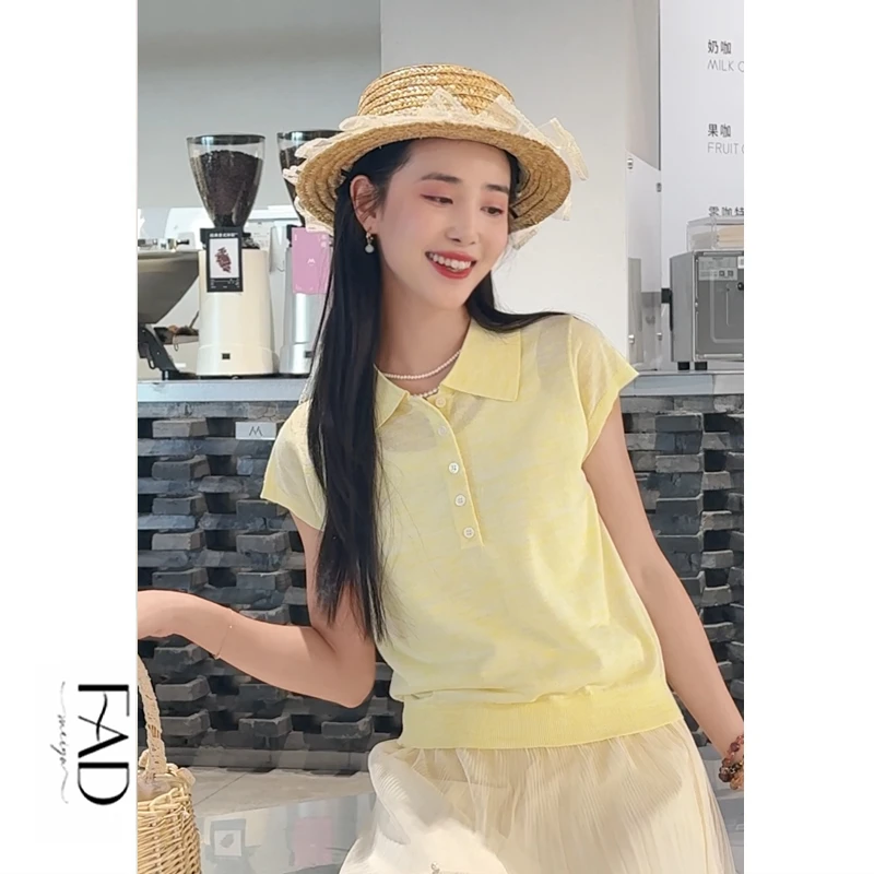 FAD【朝思暮想】亚麻polo领半袖气质简约百搭极简纯色翻领针织衫