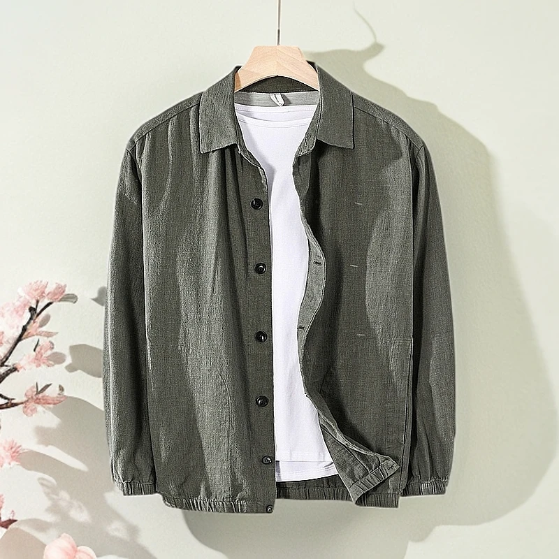 秋季新款男士休闲亚麻夹克休闲纯色棉麻翻领简约长袖开衫