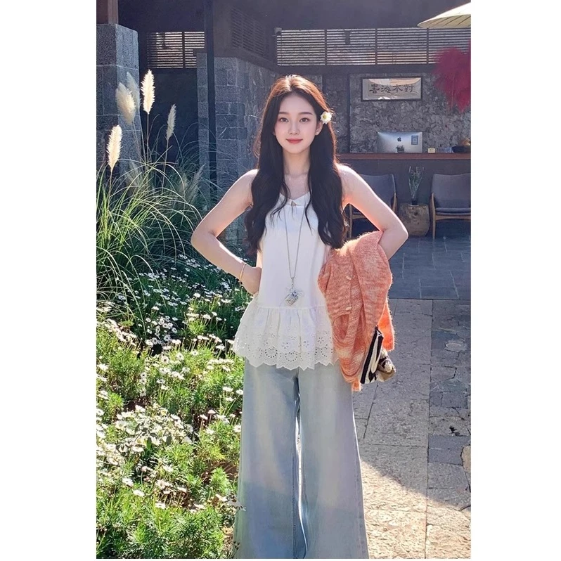 2025夏季韩系小个子设计感连衣裙辣妹纯欲下摆花边吊带背心短裙子