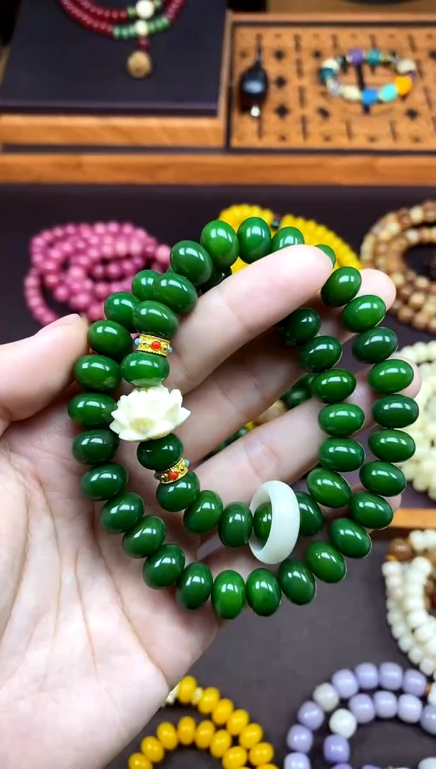 手串白玉菩提翠微 绿菩提双圈手串带莲花