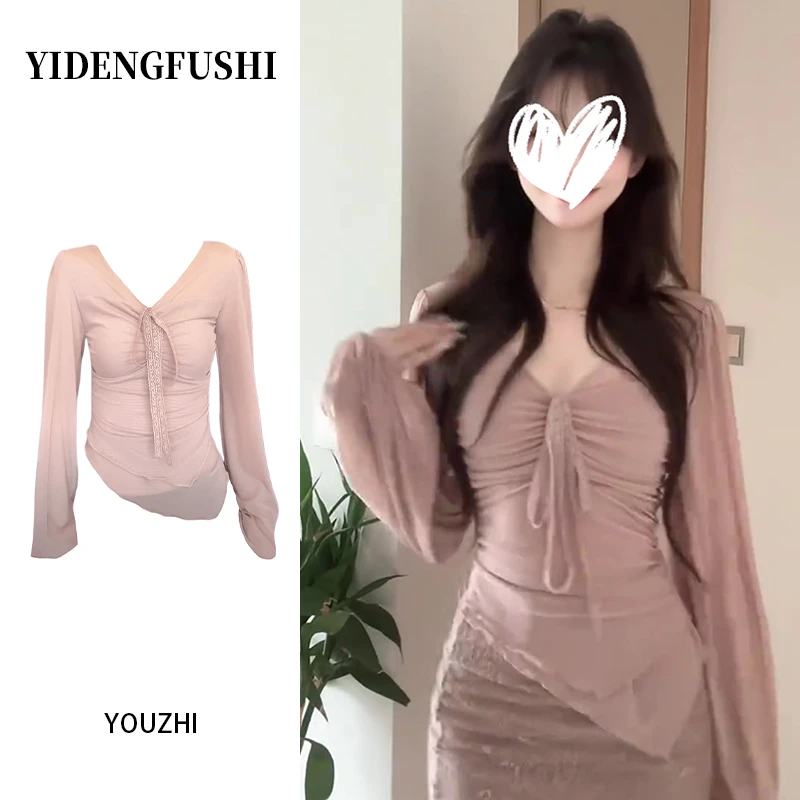 粉色V领绑带褶皱小衫T恤女2025秋季温柔风甜欲美人气质显瘦上衣