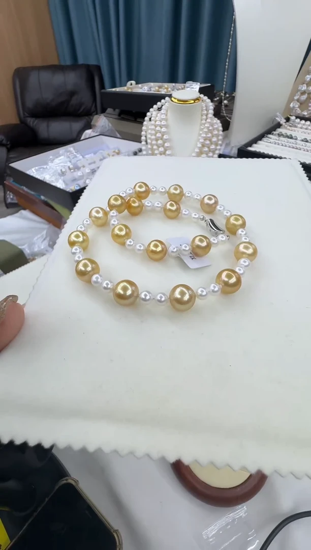 银S925镶嵌项链海水珍珠金珠11-12淡水白珠6-7银元宝扣