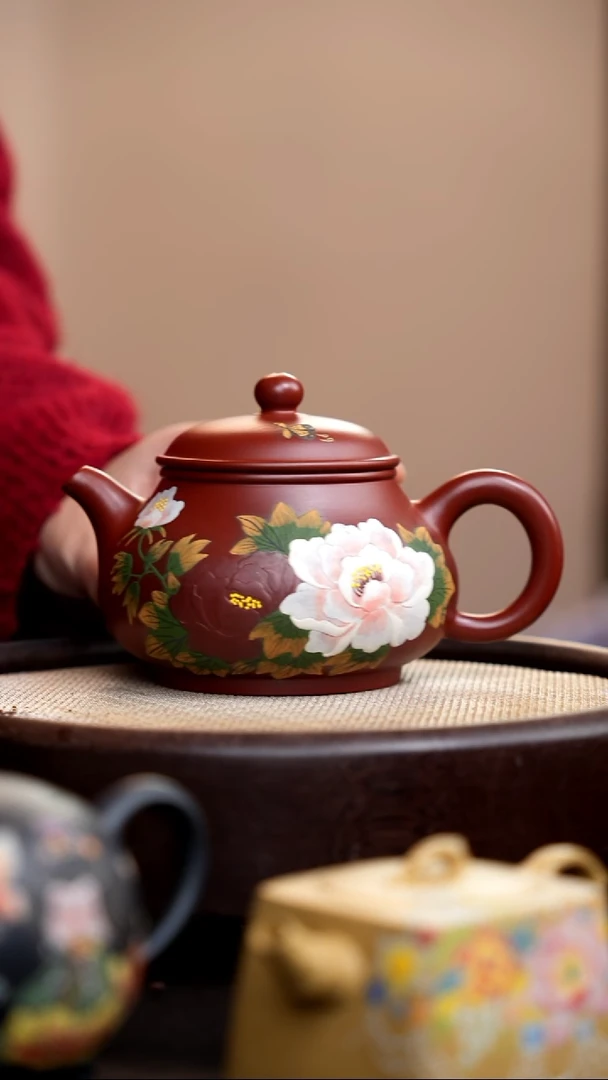 茶壶紫砂朱泥大潘壶泥绘牡丹008