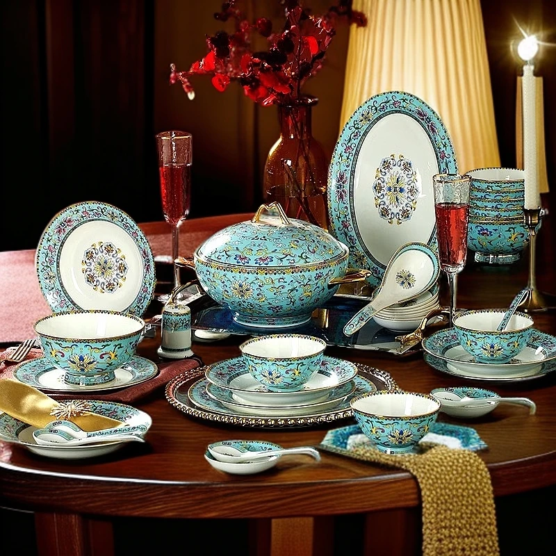 【90件珐琅彩帝王蓝】万福陶瓷餐具套装碗盘家用组合景德镇骨瓷碗碟