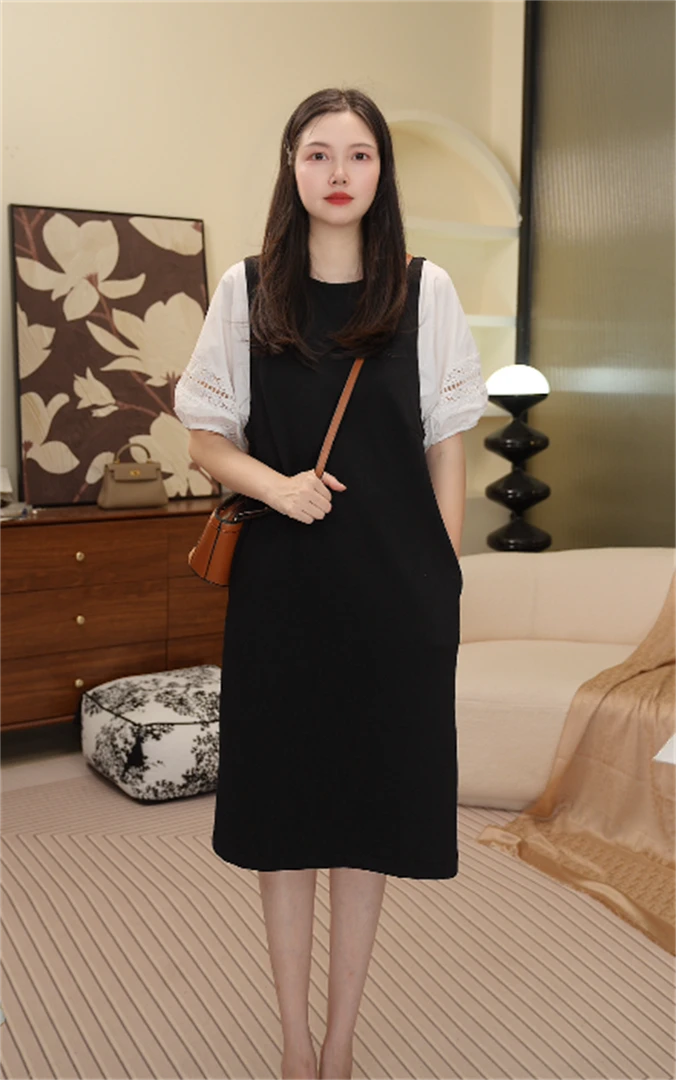 假两件拼接黑白撞色连衣裙女夏季法式时尚气质宽松显瘦休闲长裙子