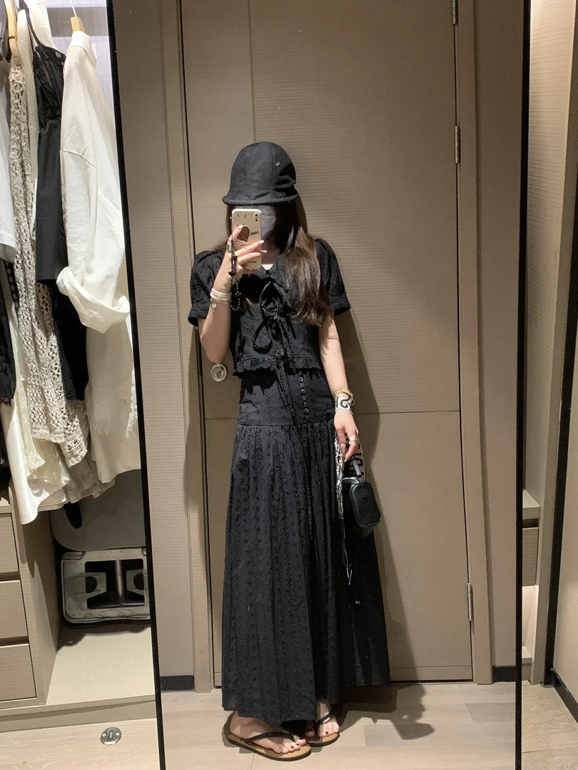 设计感花边刺绣泡泡袖衬衫黑色套装女夏季半身裙长裙大摆裙两件套