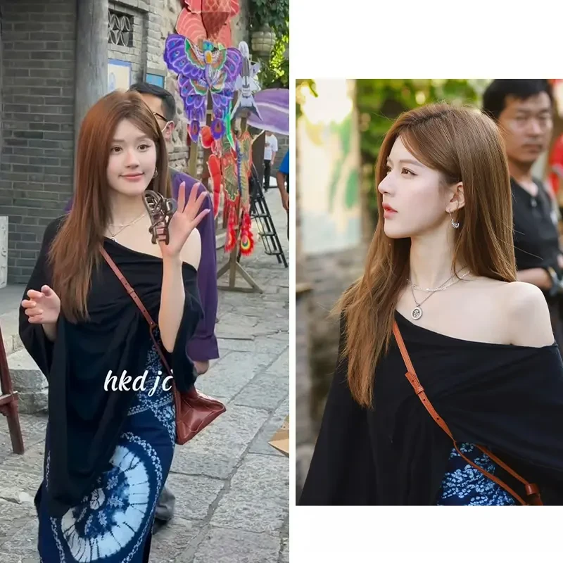 许我耀眼赵露思许妍同款黑色露肩披肩上衣高腰印花半身裙两件套