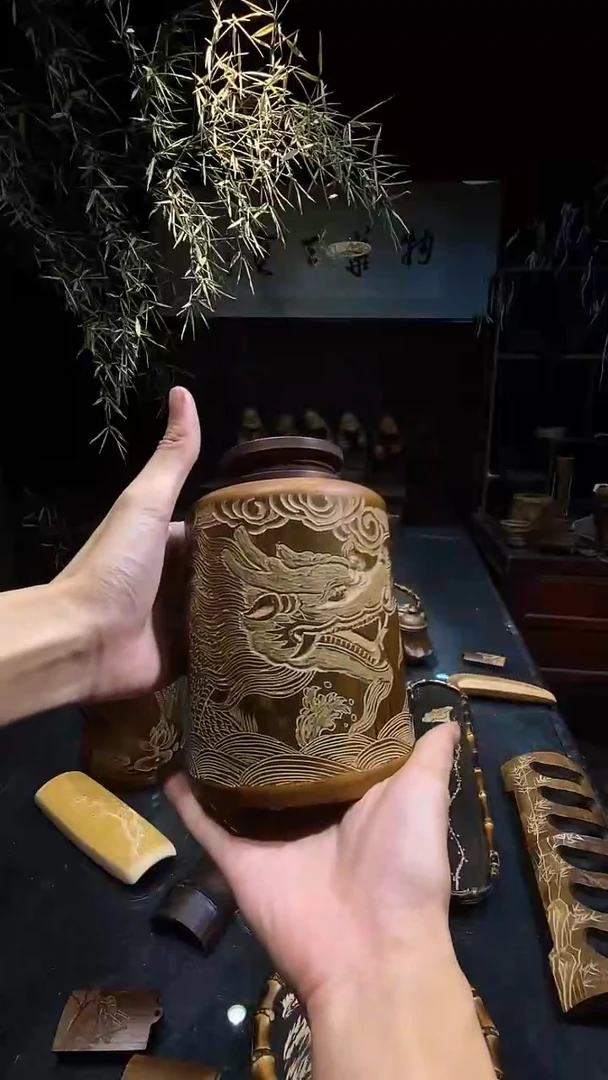 龙罐手雕 大号茶仓