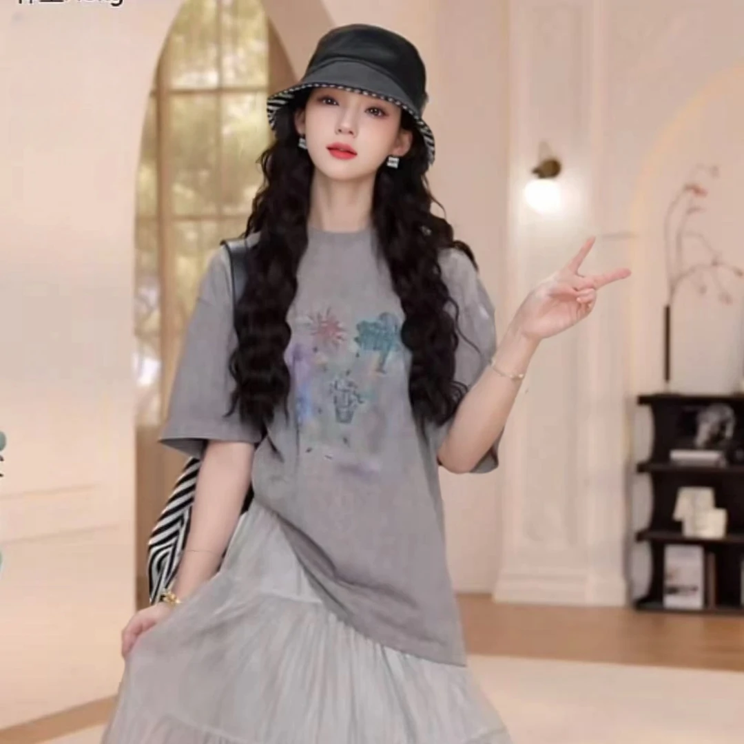 夏季新款休闲百搭宽松显瘦美式复古卡通印花T恤女短袖慵懒风5065