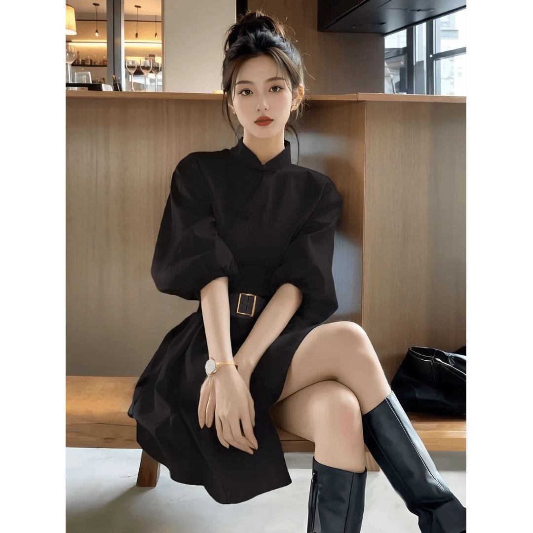 新中式黑色盘扣衬衫连衣裙女2025春季小个子国风气质漂亮独特短裙