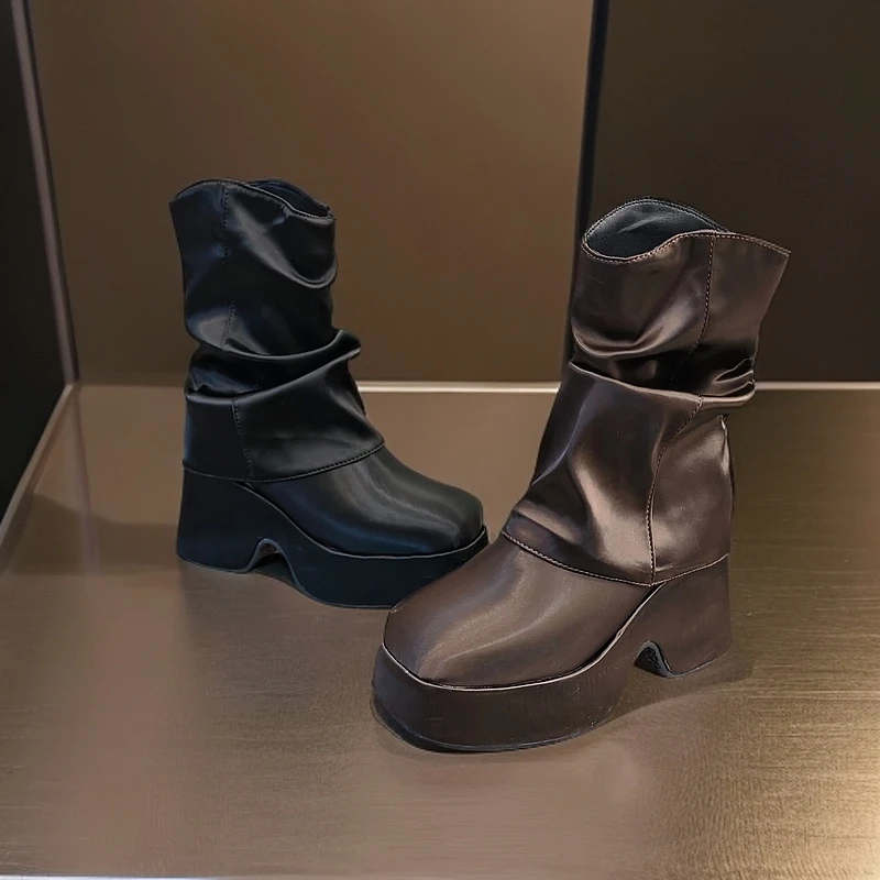 8830-1时尚性感褶皱堆堆靴女短靴秋冬厚底坡跟裤管靴