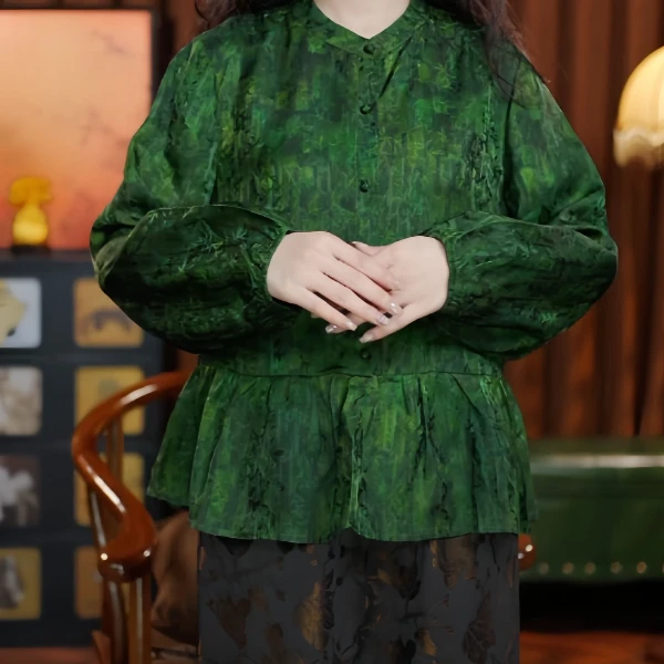 翠欣绿色中式国风衬衣女显瘦提花罗上衣灯笼袖复古娃娃衫