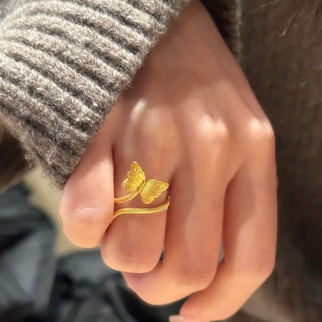 黄铜戒指 古法金色蝴蝶戒指对戒时尚金色简约不掉色变色戒指女款