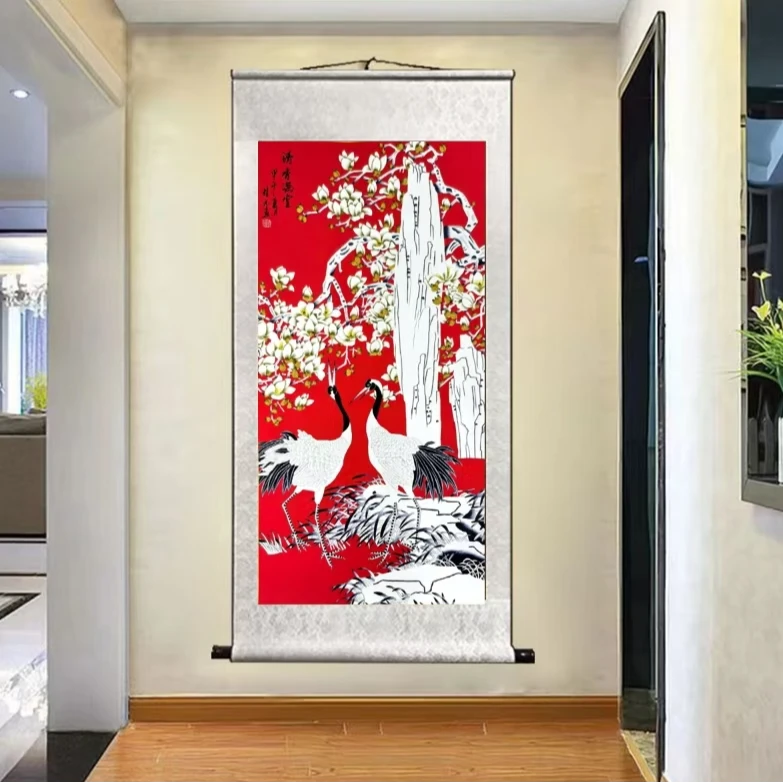 四尺卷轴玉兰花鹤