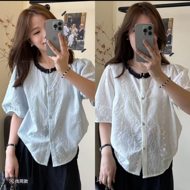 韩系撞色刺绣短袖圆领衬衫宽松2025夏季新款时尚洋气小个子上衣潮