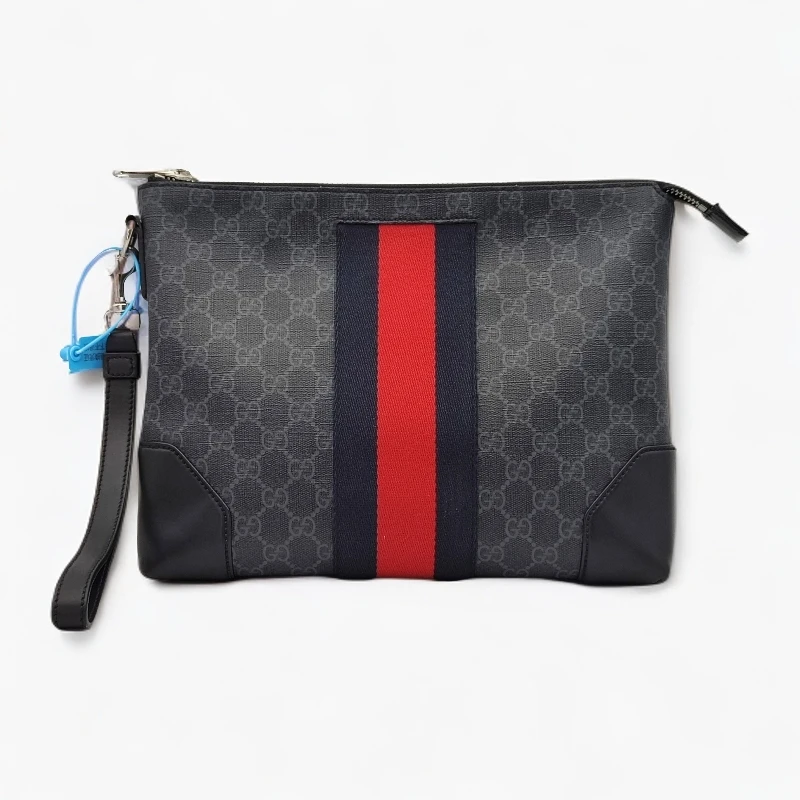 95新 GUCCI/古驰 黑色老花男士双G手挽袋商务拉链手拿包带手绳