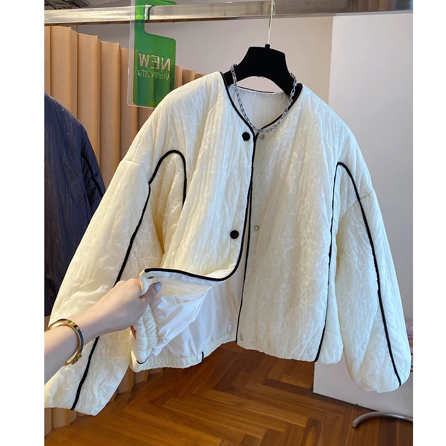 欧货高端无领棉服女短款2025新款冬季宽松独特定制面料小棉袄外套