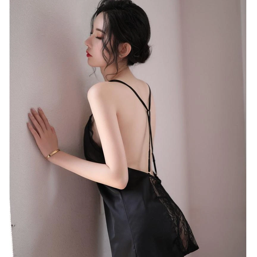 柠檬物语夏季花边女吊带睡裙黑色吊带睡衣美背韩版家居服