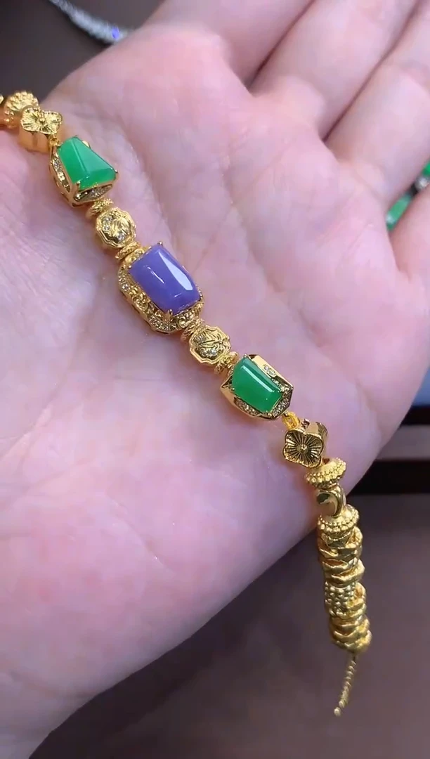 足金镶嵌手链翡翠春日珠宝 B60紫货有色差