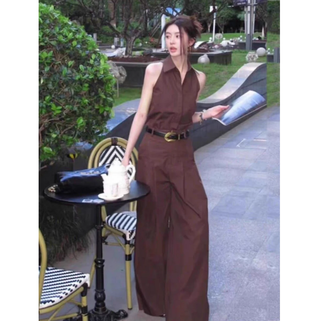 M158 高级感冷淡风法式领无袖衬衫高腰气质阔腿裤时尚洋气套装