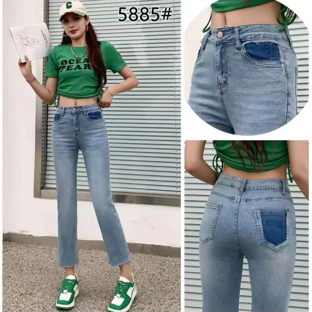 8932裤长88夏季直筒牛仔裤女时尚高腰九分法混裤撞色小个子烟管裤