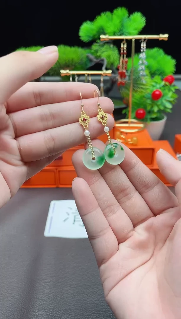 石英质玉（非洲翠）银S925镶嵌耳饰306