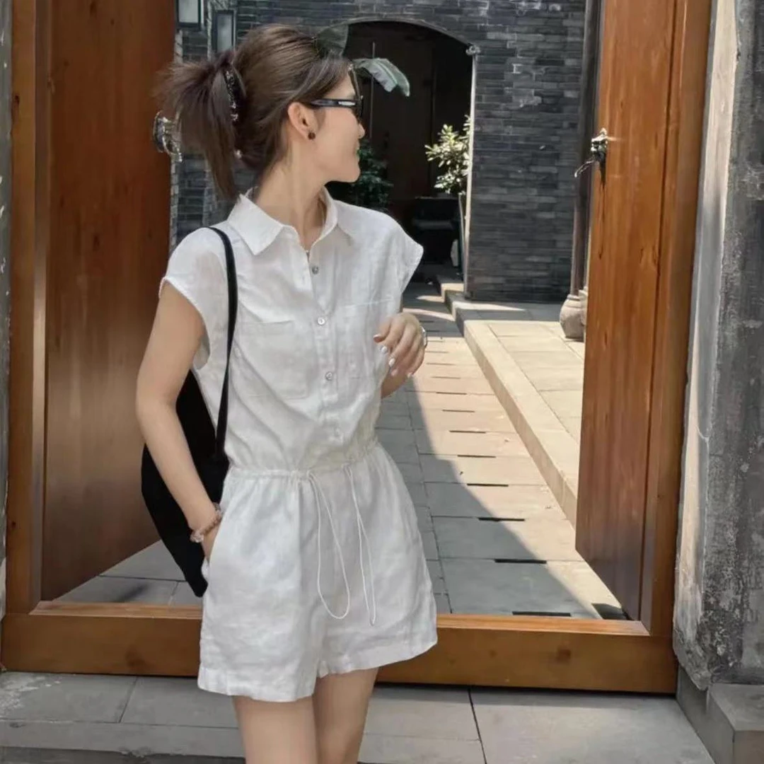 白色亚麻连体短裤法式高端精致气质独特别致高级感显瘦连衣裤女夏