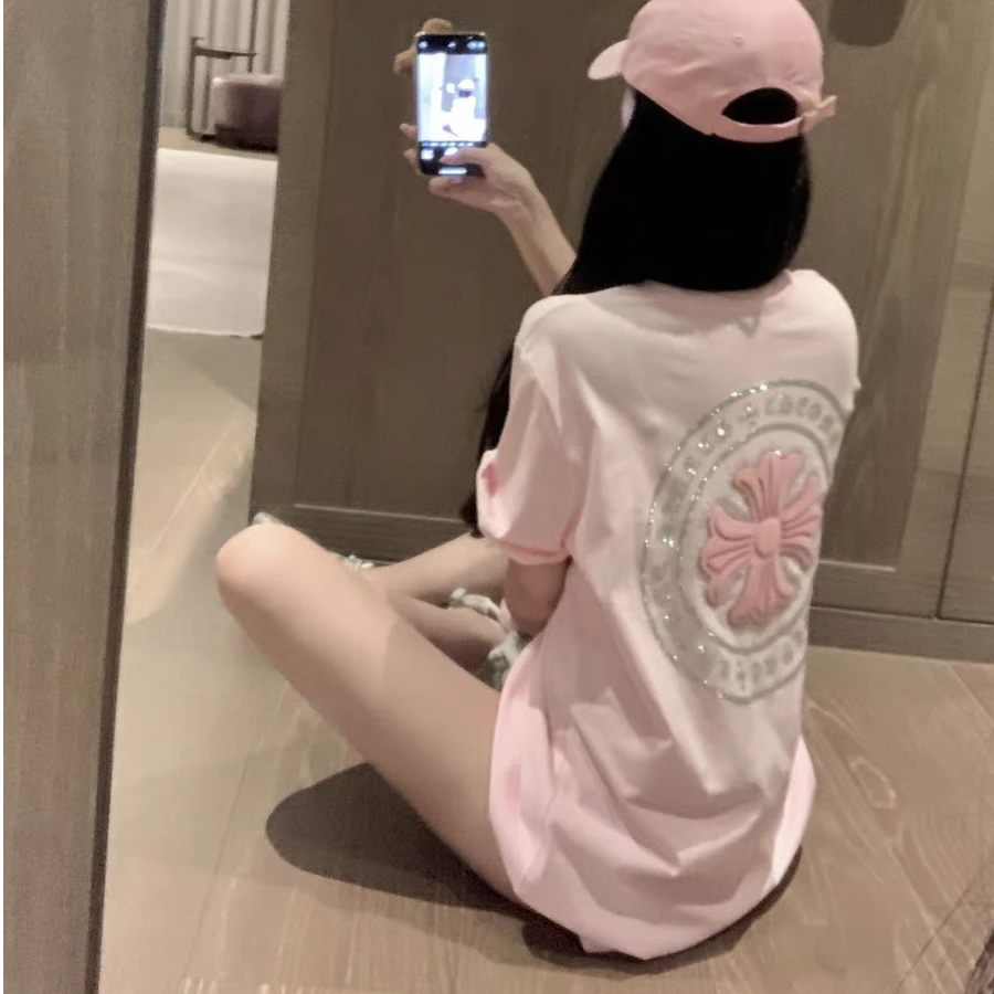 Y4八爪鱼重工烫钻十字架大码T女款男女同款T恤衫宽松1662GG