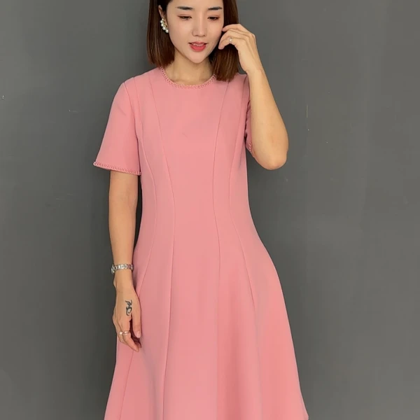 Y679133夏季新款小香风重工圆领短袖立体剪裁收腰显瘦连衣裙