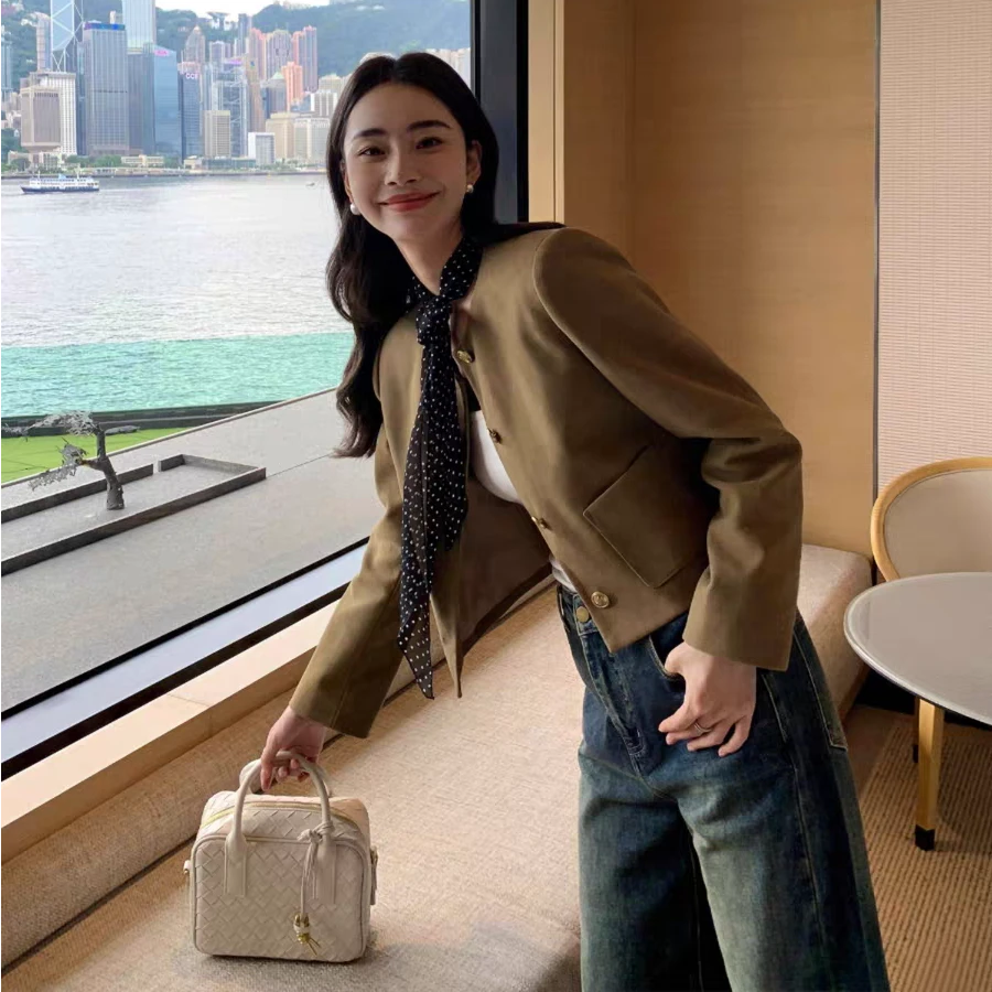 319号-330貂雀鸟短外套圆领女开衫秋季春季休闲风百搭秋冬厚款女